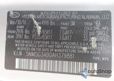 2010 Hyundai Santa Fe Gls z USA, uszkodzony, nr VIN 5NMSG3AB0AH379881